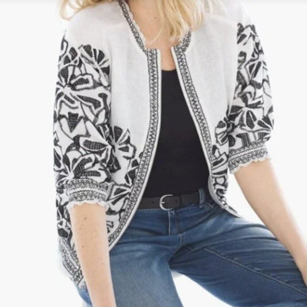 Chico's | Black and White Embroidered Linen Jacket Size 3 (XL)